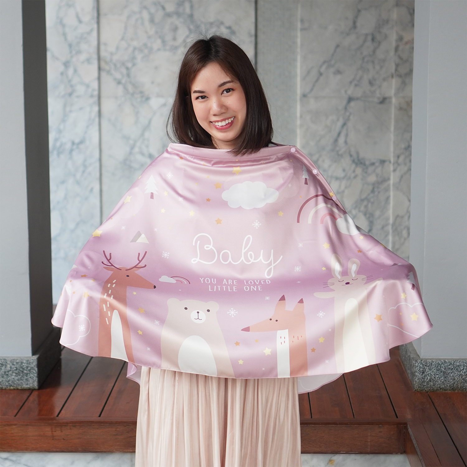 ผ้าคลุมให้นม (รุ่นมีกระดุม ถอดโครงได้) พร้อมส่ง ลาย Woodland - Pink