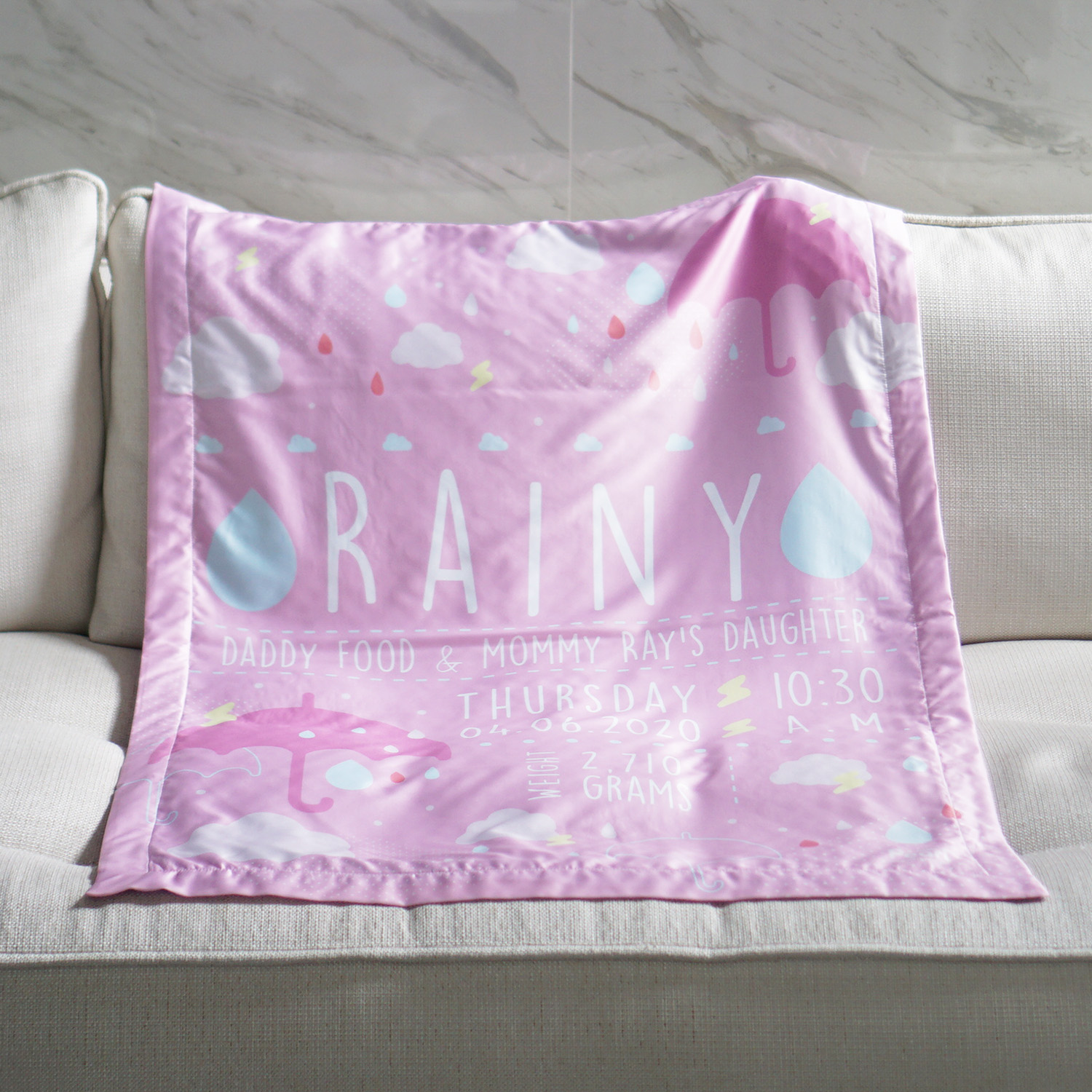 ผ้าห่มเด็ก ใส่ประวัติแรกเกิด ลาย Raindrops - Pink