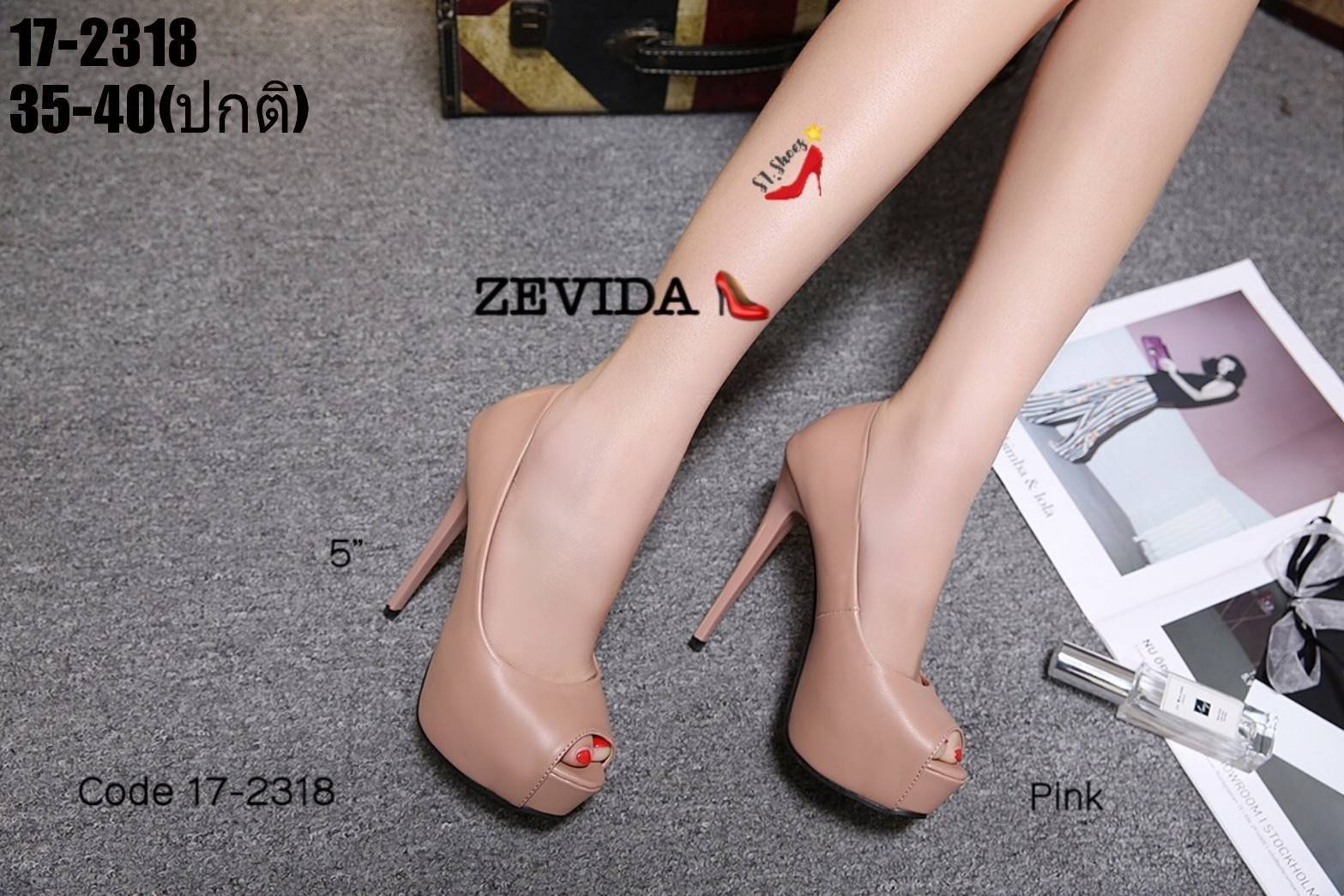 รองเท้าคัทชูส้นสูงทรงเปิดหน้า (สีชมพู)