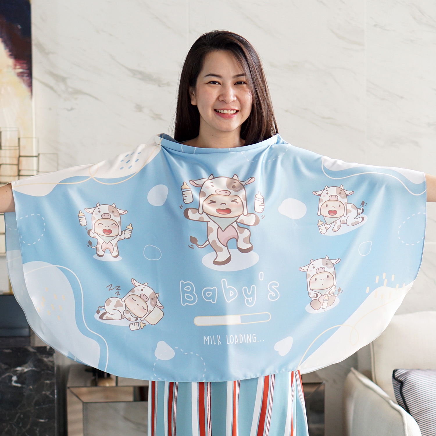 ผ้าคลุมให้นม สั่งทำใส่ชือ ลาย Cow - Blue