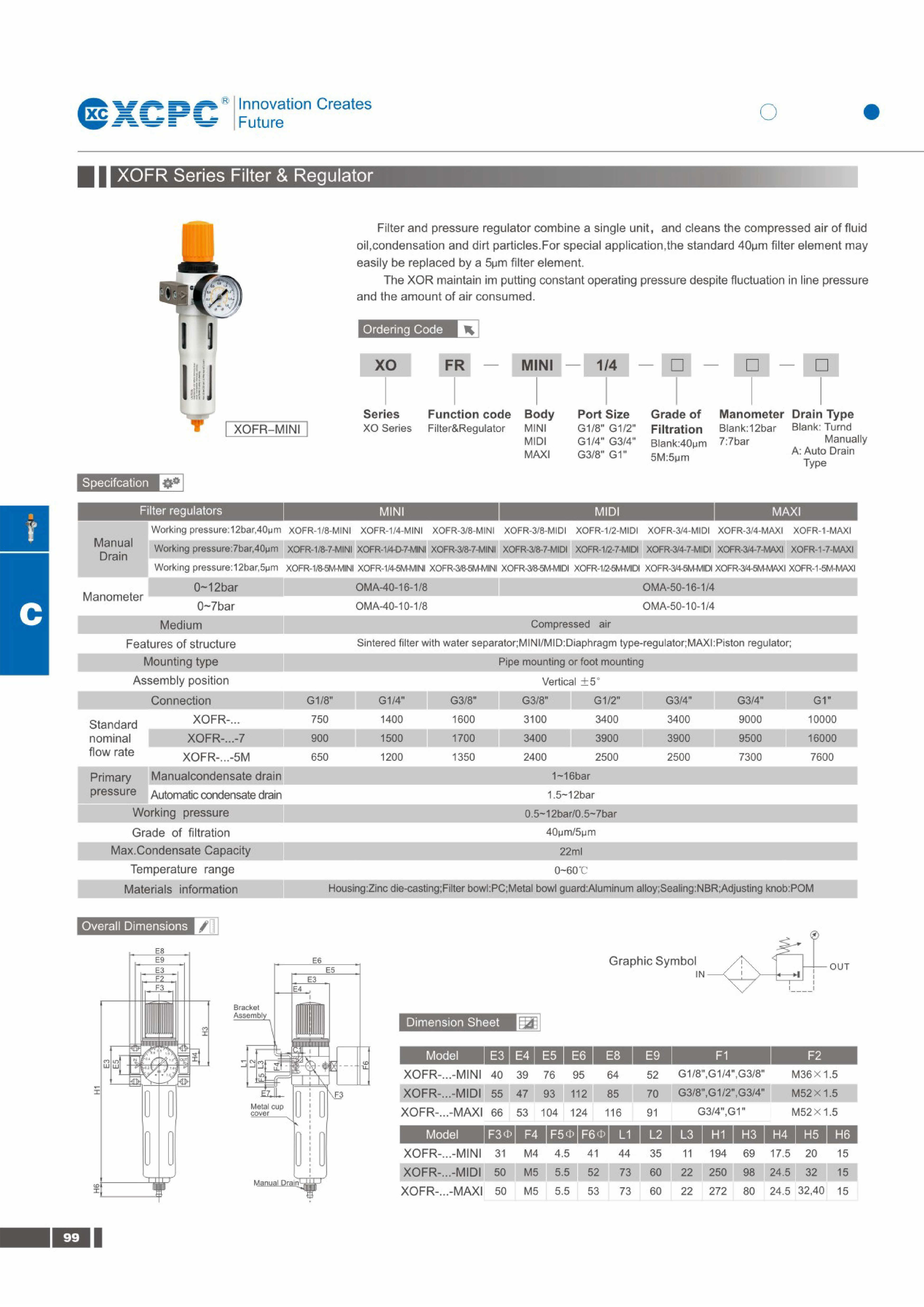 ชุดกรองลม FR / กรองดักน้ำ + ปรับแรงดันลม XCPC Model : XOFR-1-MIXI เกลียว 1 นิ้ว WP=0.5-12.0Bar Filter=40um