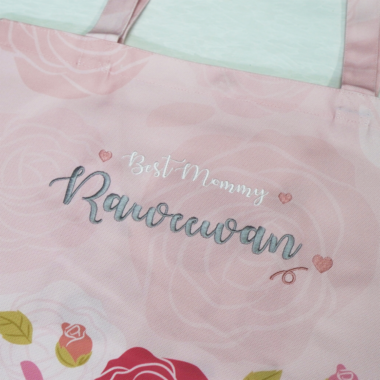 กระเป๋าผ้าแคนวาส ปักชื่อ ลาย Rose - Pink