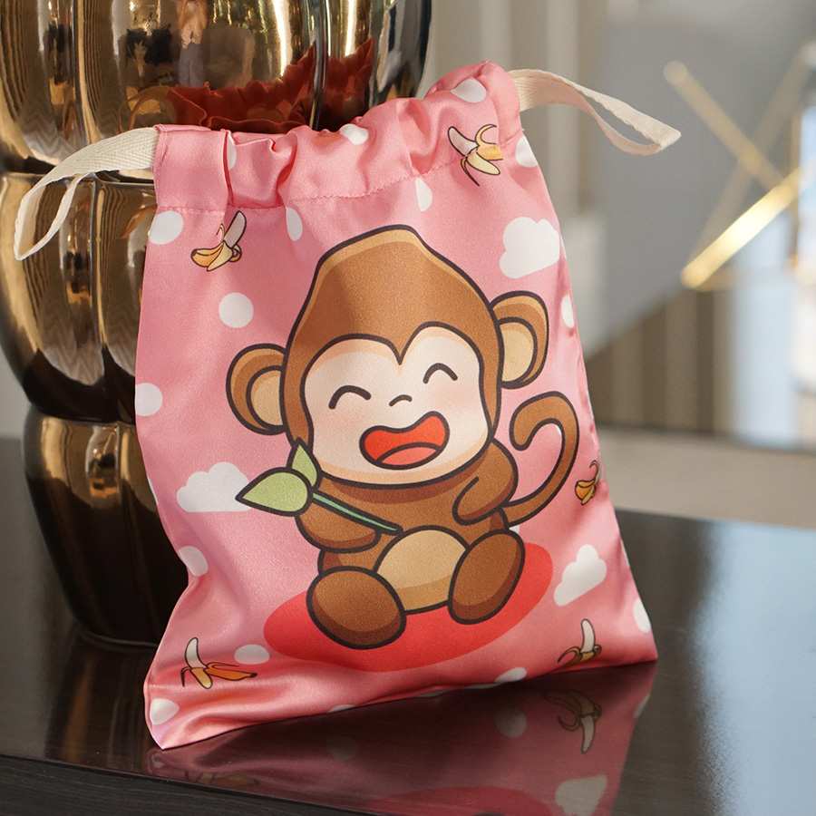 ถุงผ้าซาติน ลายลิงสีชมพู - Monkey - Pink