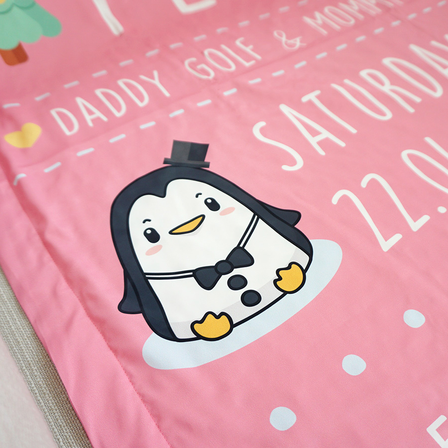 ผ้าห่ม ใส่ประวัติแรกเกิด ลายเพนกวิ้น สีชมพู ไซส์ใหญ่ 100x150cm / Penguin - Pink