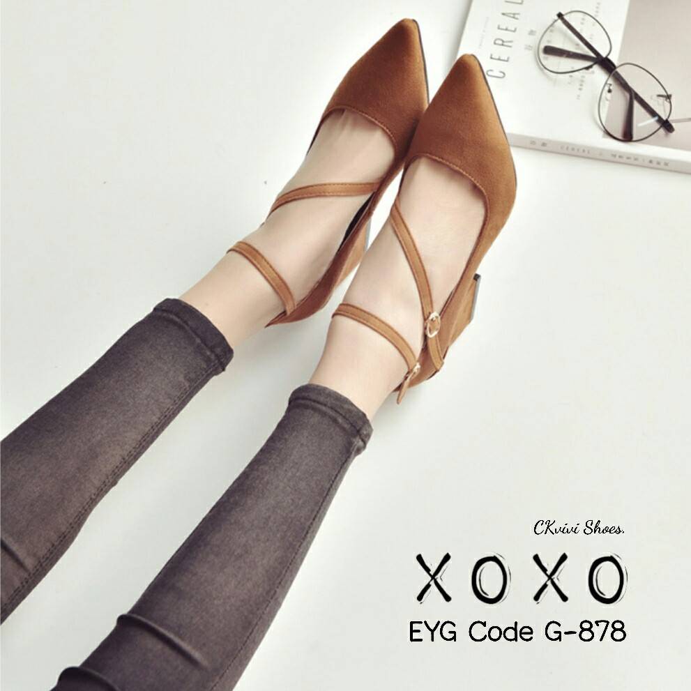 รองเท้าคัทชูส้นต้นแต่งสายรัด2ชั้น (สีน้ำตาล)