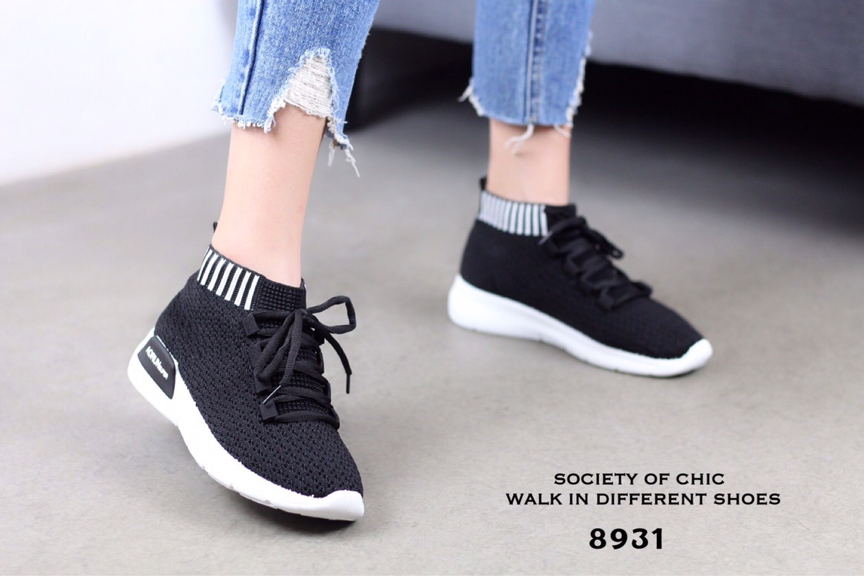 รองเทเา้ผ้าใบสไตล์Sportแต่งขอบถุงเท้าลายทาง (สีชมพู)