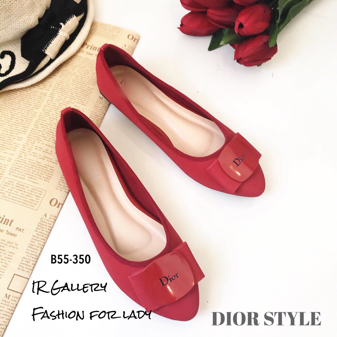 รองเท้าคัทชูส้นแบน Style Dior (สีแดง)