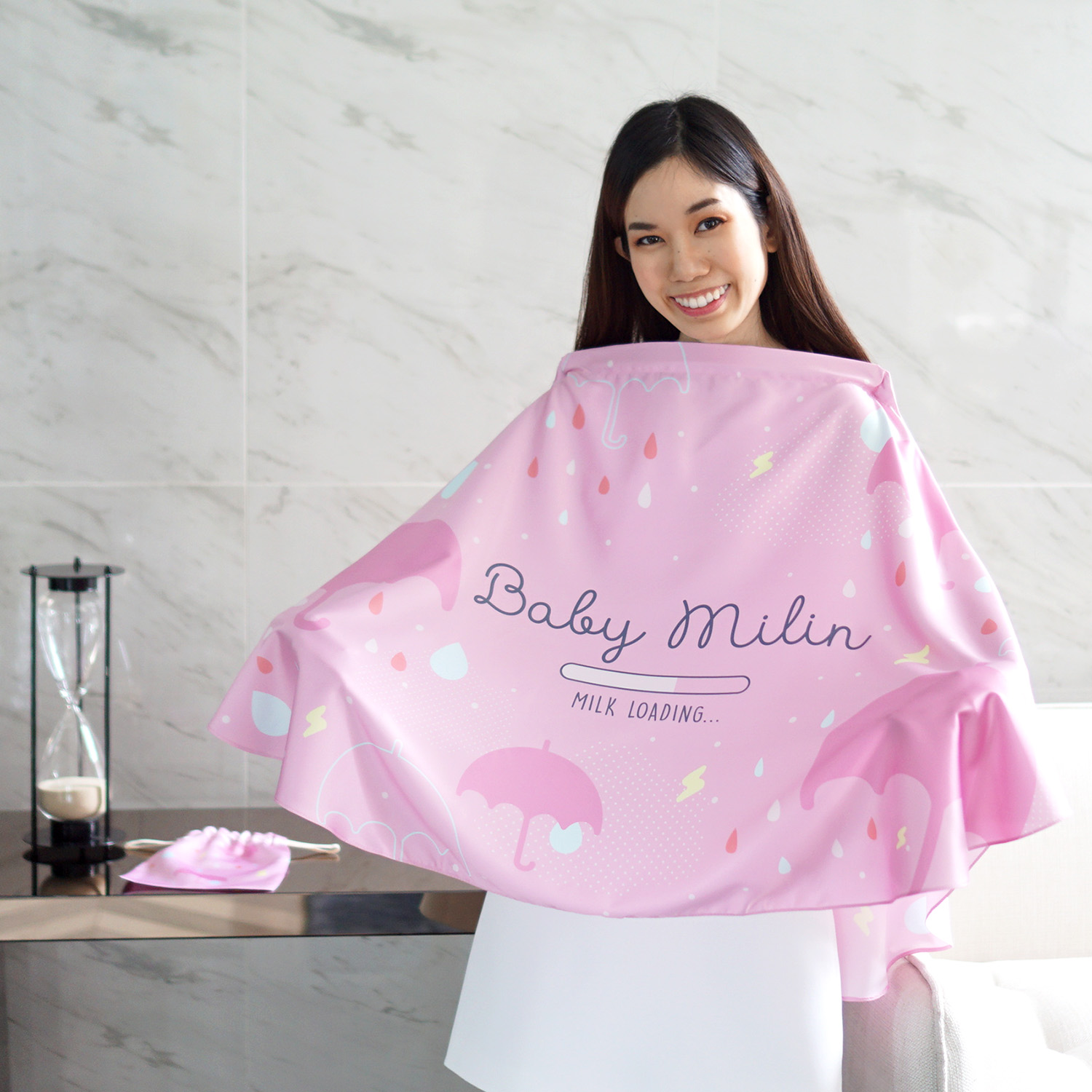 ผ้าคลุมให้นม สั่งทำใส่ชือ ลาย Raindrops - Pink