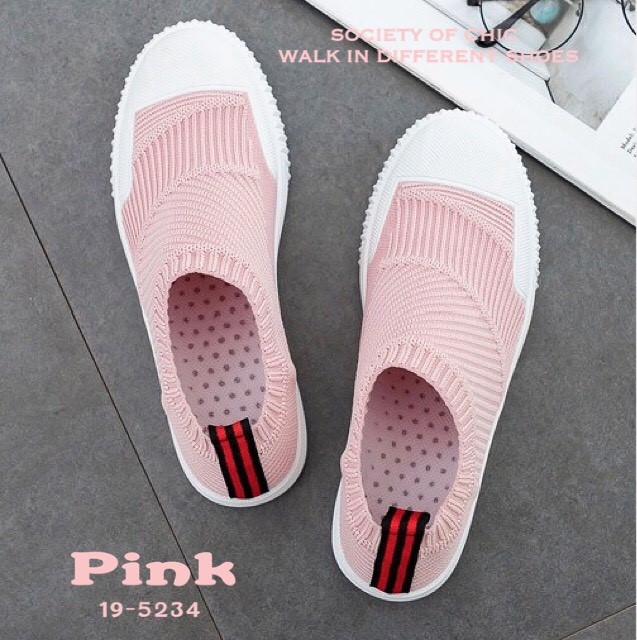รองเท้าผ้าใบทรงSlip on ทอลาย (สีชมพู)