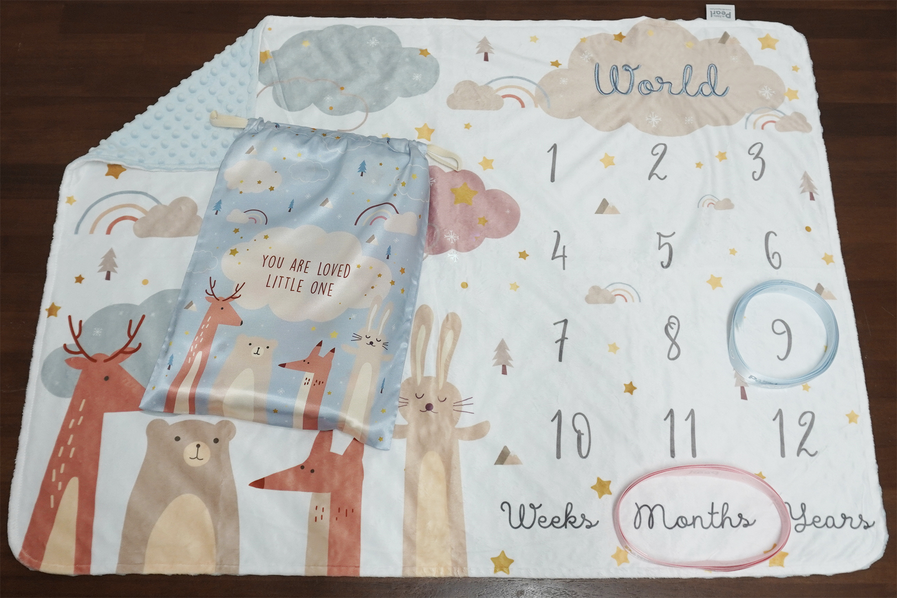 ผ้าห่ม Minky ลาย Woodland - Milestone 75x100cm แบบปักชื่อ ด้านหลังสีฟ้า
