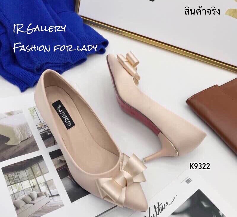 รองเท้าคัทชูซาตินแต่งโบว์ (สีครีม)