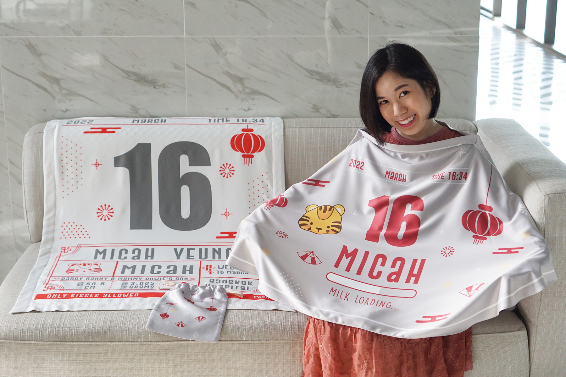 ชุดของขวัญเด็กแรกเกิด ผ้าคลุมให้นม + ผ้าห่มขนาด 75x100cm ลาย Chinese Calendar