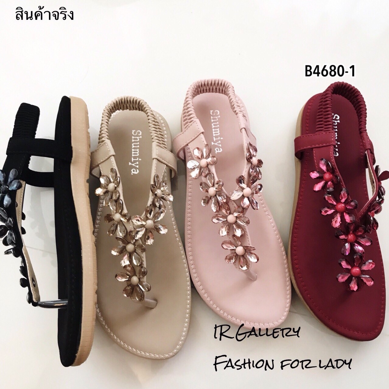 รองเท้าแตะหนีบแต่งคริสตัลดอกไม้ (สีแดง)