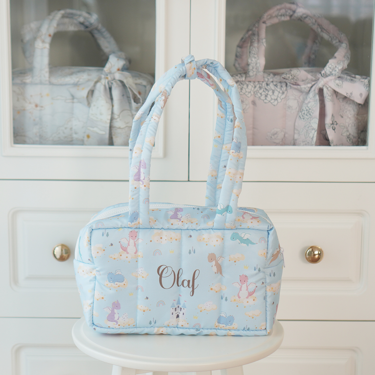 Fluffy Bowling Bag กระเป๋านุ่มนิ่ม ทรง Bowling สั่งทำใส่ข้อความ ลาย Dragon - Blue