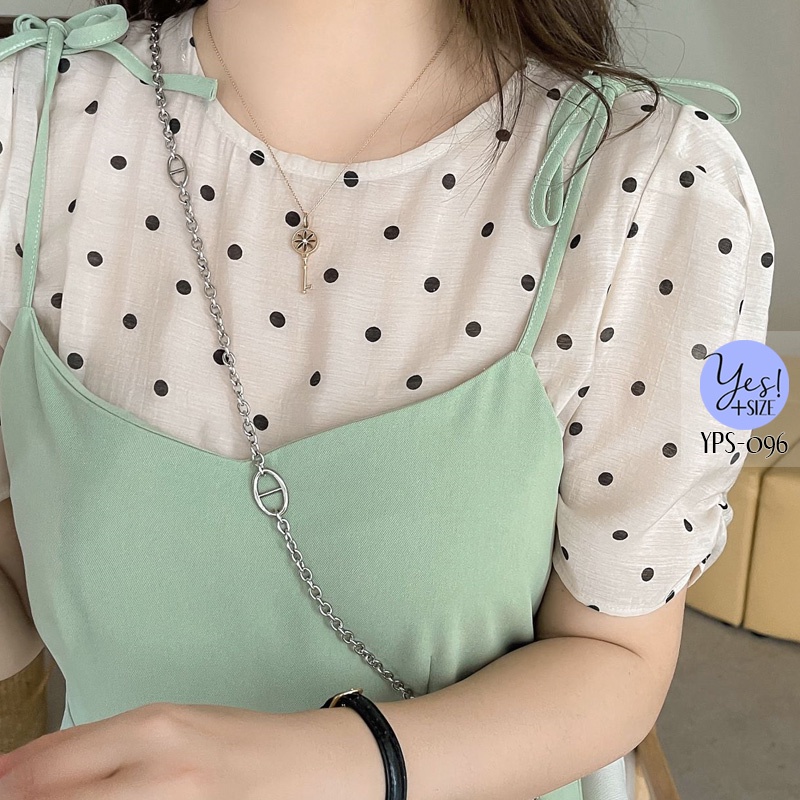 ชุดเซ็ท 2 ชิ้นสาวอวบอก 40-50 นิ้ว เสื้อสีครีมลายจุดดำ+เดรสสายเดี่ยว สีเขียว/สีดำ YPS-096