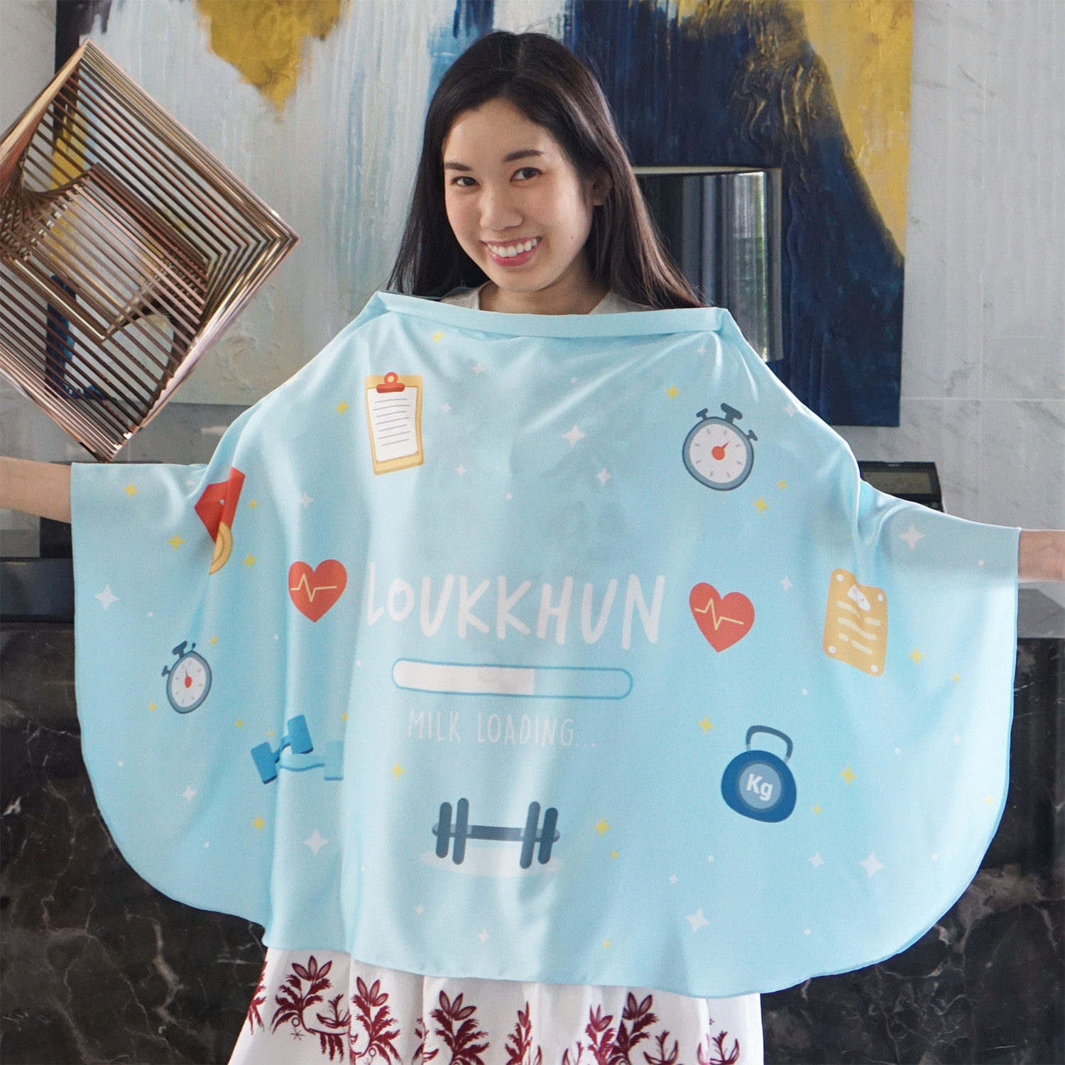 ผ้าคลุมให้นม สั่งทำใส่ชือ ลาย Fitness - Blue