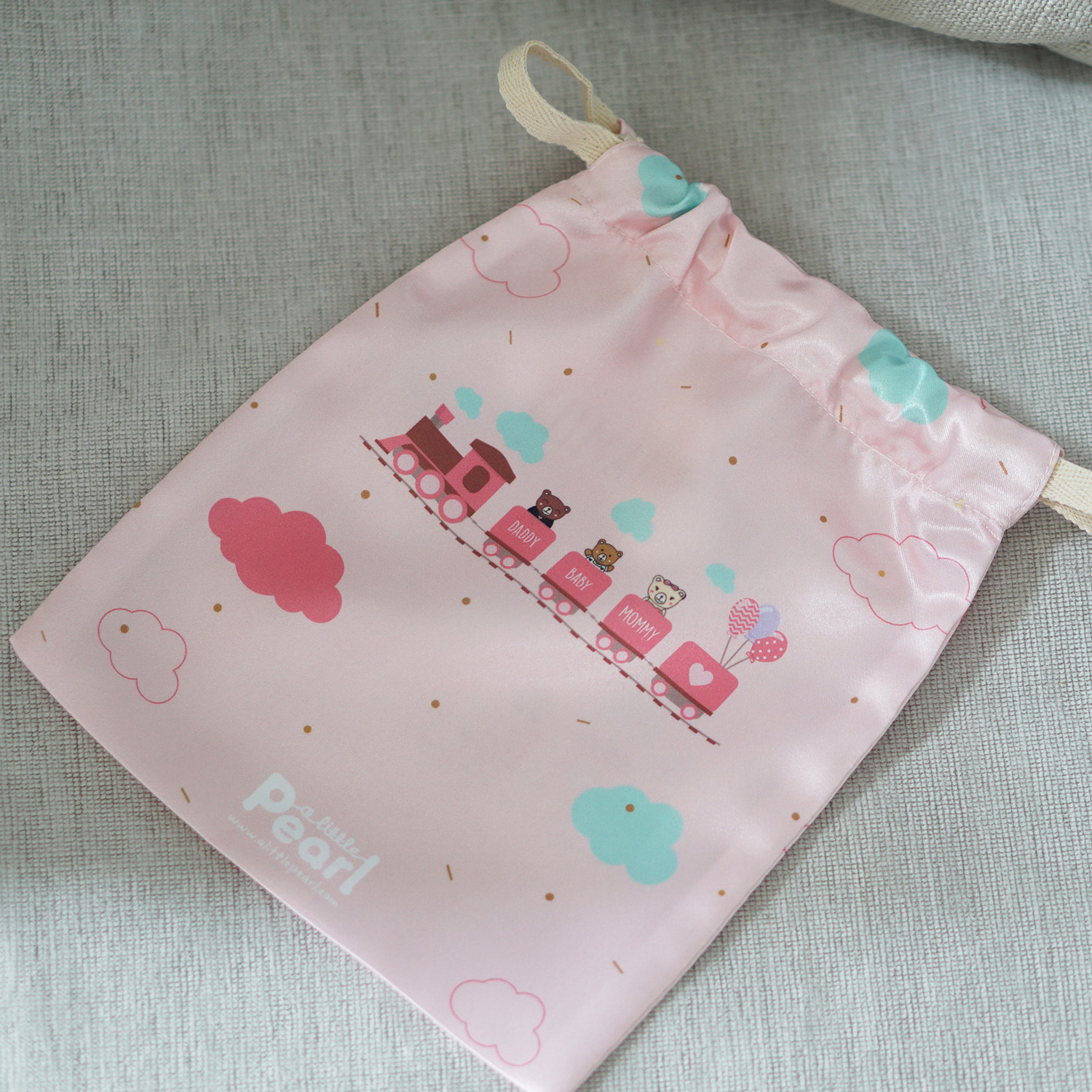 ถุงผ้าซาติน ลาย Train - Pink