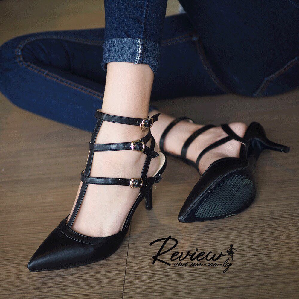 รองเท้าส้นสูงรัดข้อ3ชั้น Style Valentino (สีชมพูนู้ด)