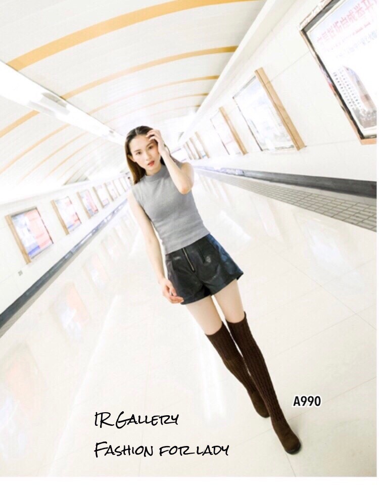 รองเท้าบูทยาวตัดต่อสไตล์ถุงเท้า (สีน้ำตาล)