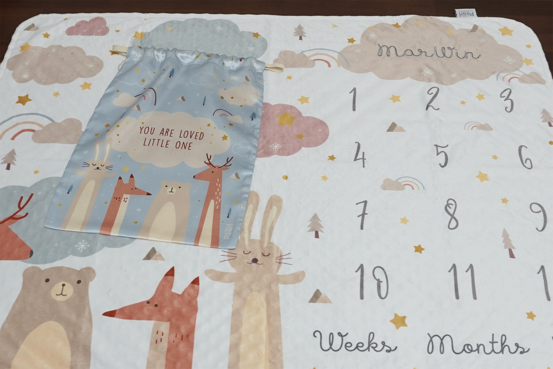ผ้าห่ม Minky ลาย Woodland - Milestone 75x100cm แบบปักชื่อ ด้านหลังสีฟ้า