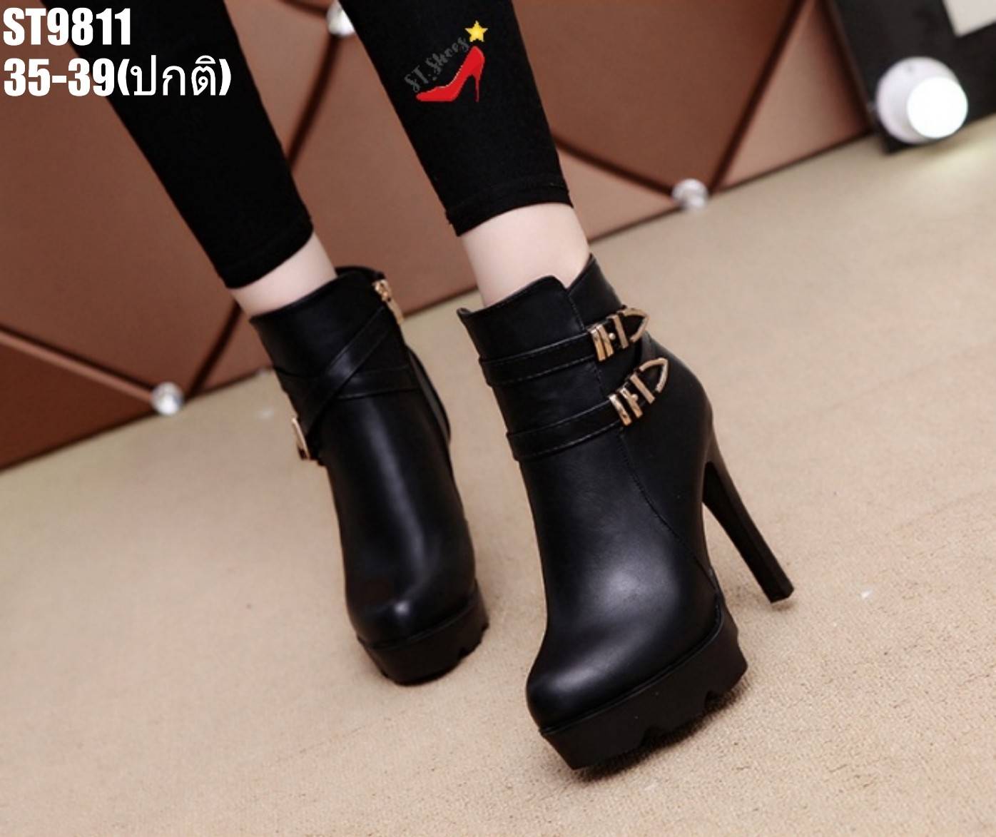 รองเท้าบูทส้นเข็มแต่งเข็มขัด (รุ่นเส้นเดียว)