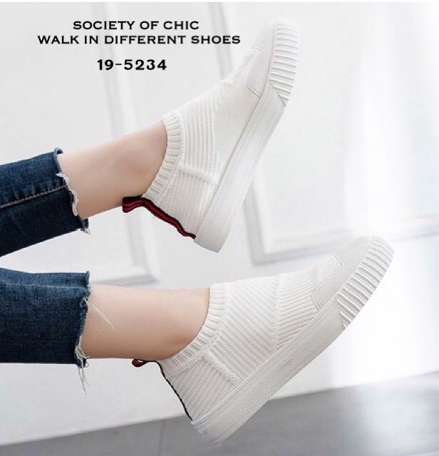 รองเท้าผ้าใบทรงSlip on ทอลาย (สีชมพู)