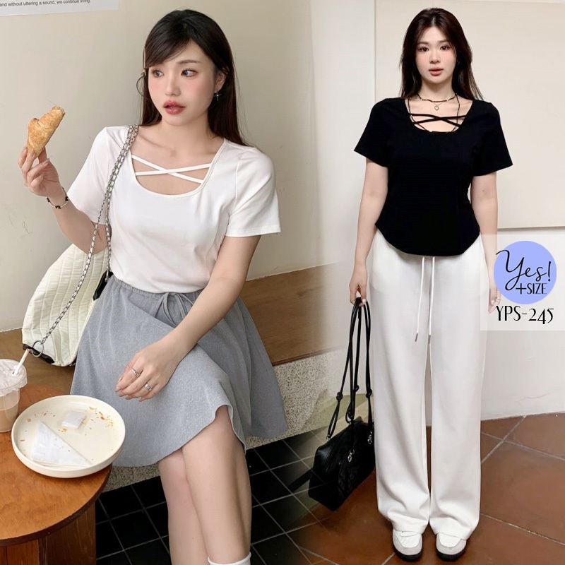 เสื้อยืดแขนสั้นสาวอวบ อก 36-52+ เสื้อยืดคอU แต่งสายไขว้ เอวเข้ารูป ผ้าคอตต้อนเนื้อนุ่ม ยืดดีมาก สีขาว/ดำ YPS-245