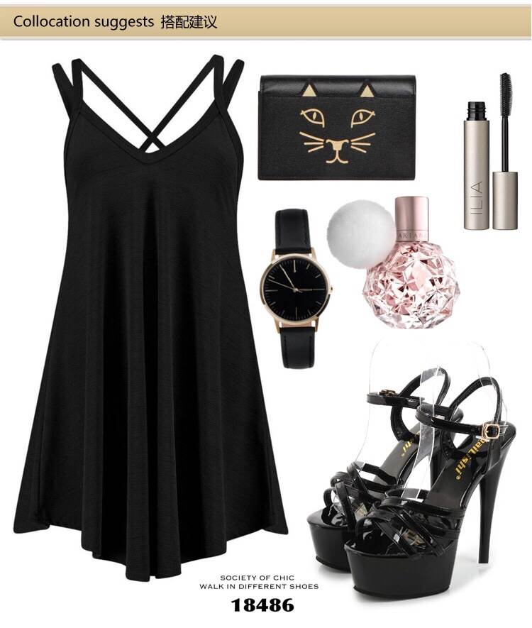 รองเท้าส้นเข็มหน้าสานไขว้ (สีดำ)