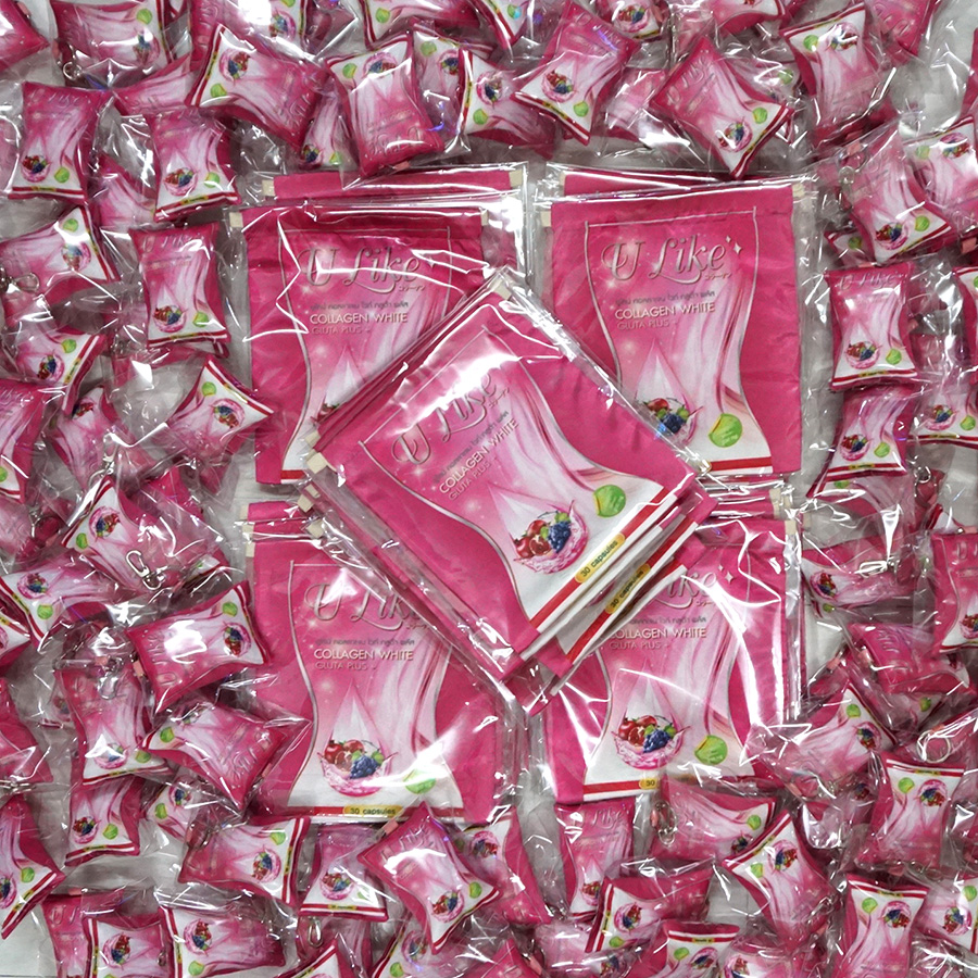 พวงกุญแจ และถุงผ้าซาติน U like Collagen