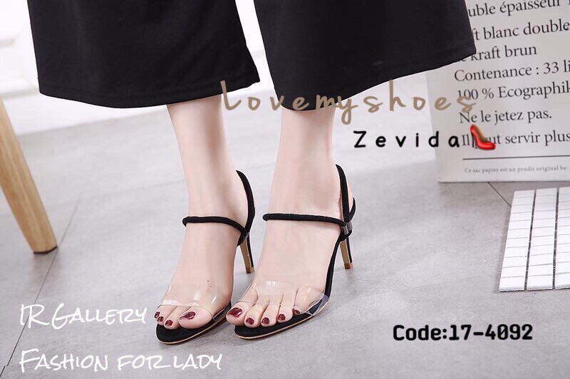 รองเท้าส้นสูงเปิดส้นแต่งสายคาดใส (สีชมพู)