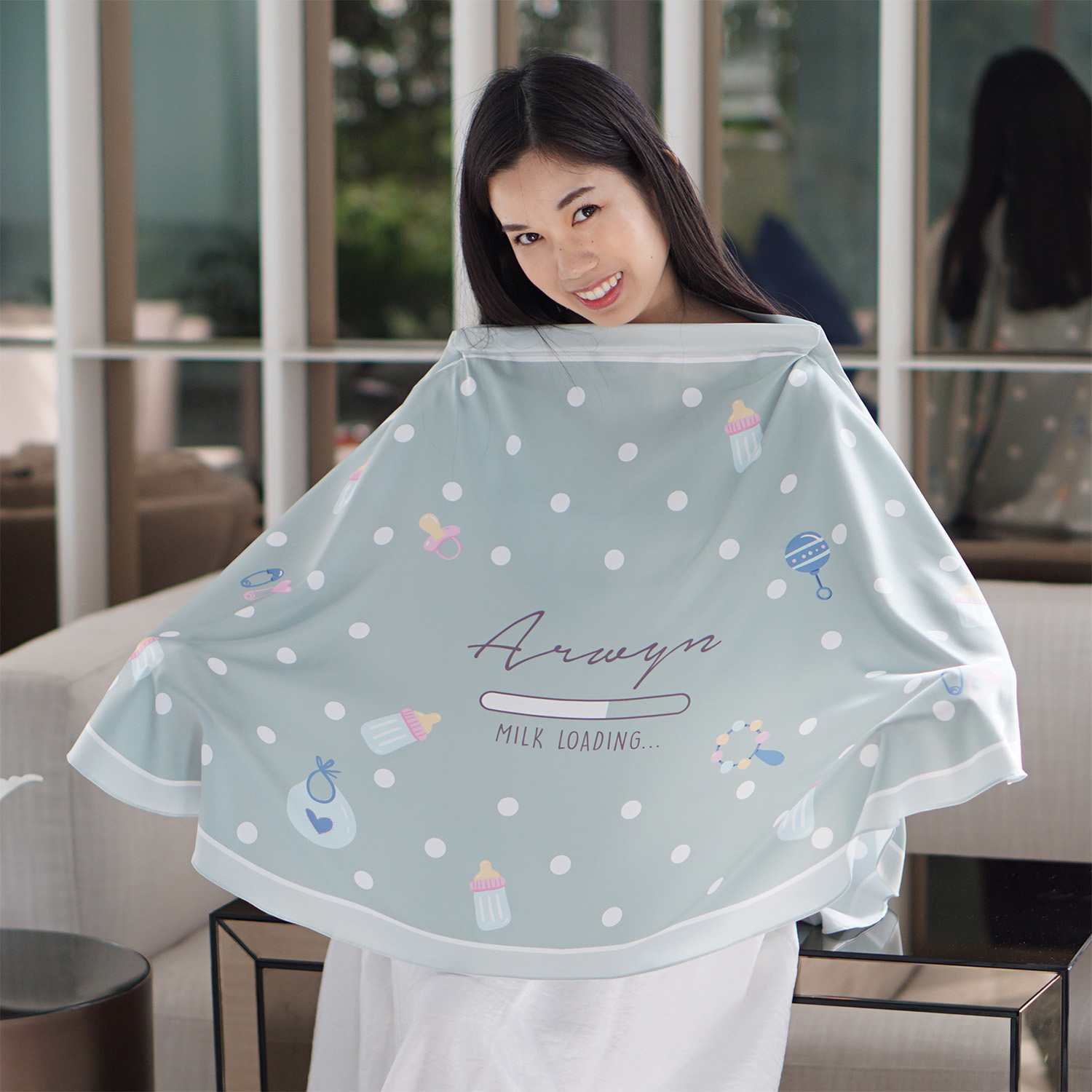 ผ้าคลุมให้นม สั่งทำใส่ชือ ลาย Polka Dot - Milk - Green