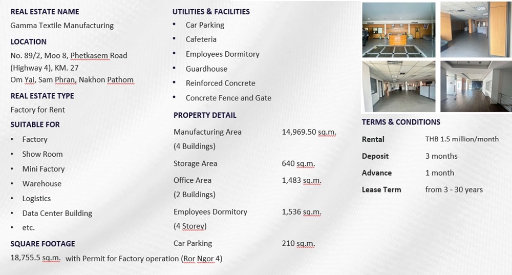 ให้เช่าโรงงานและโกดังคลังสินค้า พร้อมหอพักพนักงาน ติดถนนเพชรเกษม สามพราน จ.นครปฐม เหมาะเช่าเปิดกิจการได้ทันที