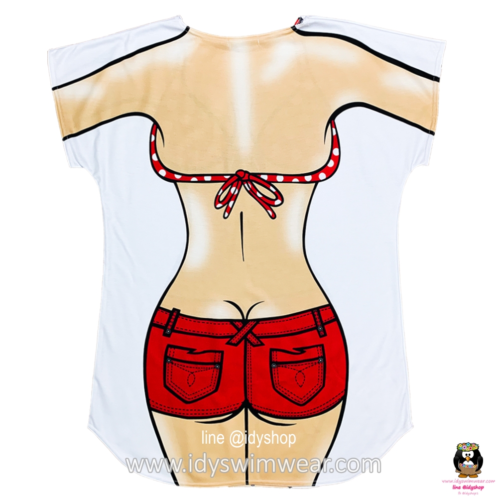 เสื้อสกรีนบิกินี่ ลายจุด ขาสั้น แดง เสื้อยืด สกรีนหน้าหลัง ขนาดฟรีไซส์ รอบอก 45 นิ้ว ยาว 33 นิ้ว