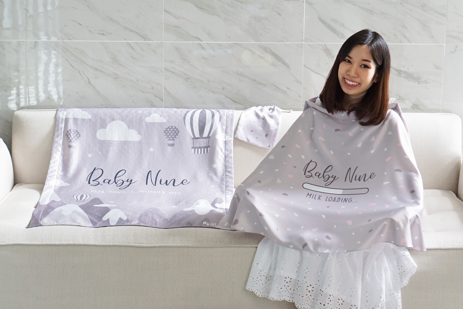 ชุดของขวัญเด็กแรกเกิด ผ้าคลุมให้นม + ผ้าห่มขนาด 75x100cm ลาย Terazzo + Mountain - Grey