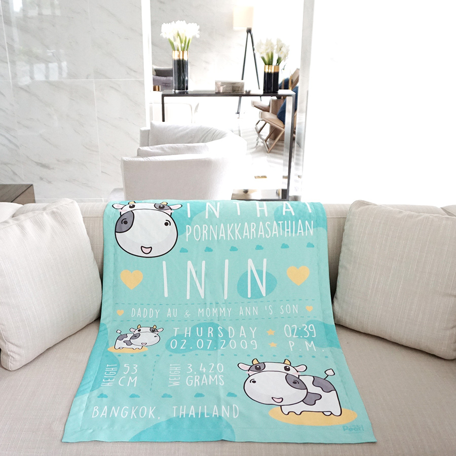 ผ้าห่มเด็ก ใส่ประวัติแรกเกิด ลายวัว สีมิ้นท์ / Cow - Mint