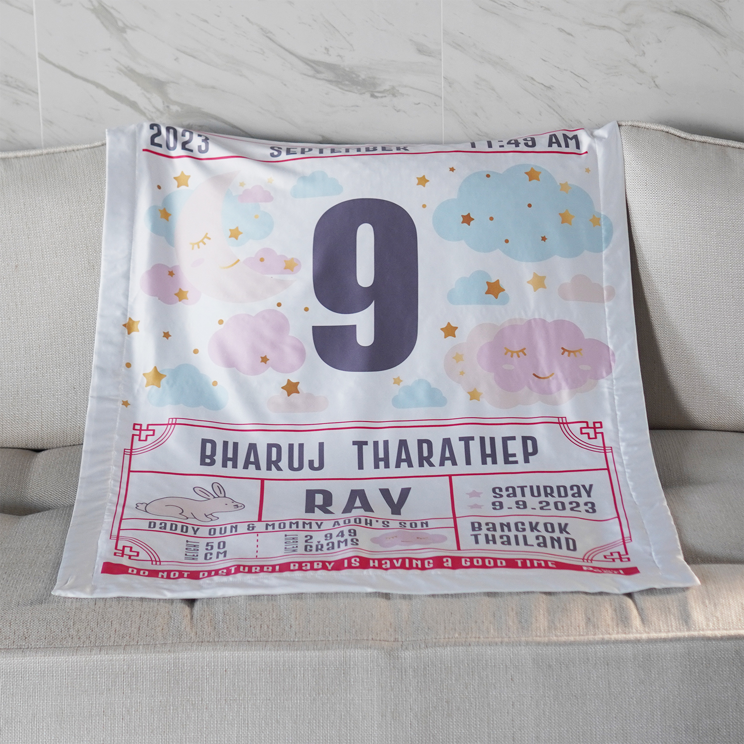 ผ้าห่มเด็ก ใส่ประวัติแรกเกิด ลาย Chinese Calendar - Moon - White/Grey
