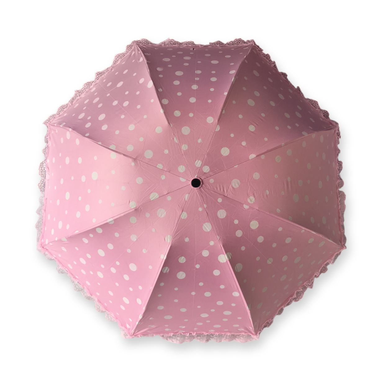 ร่มโค้งแฟชั่นลายจุดโดนแสงเปลียนสีได้ไม้มีระบายยูวีสีดำ