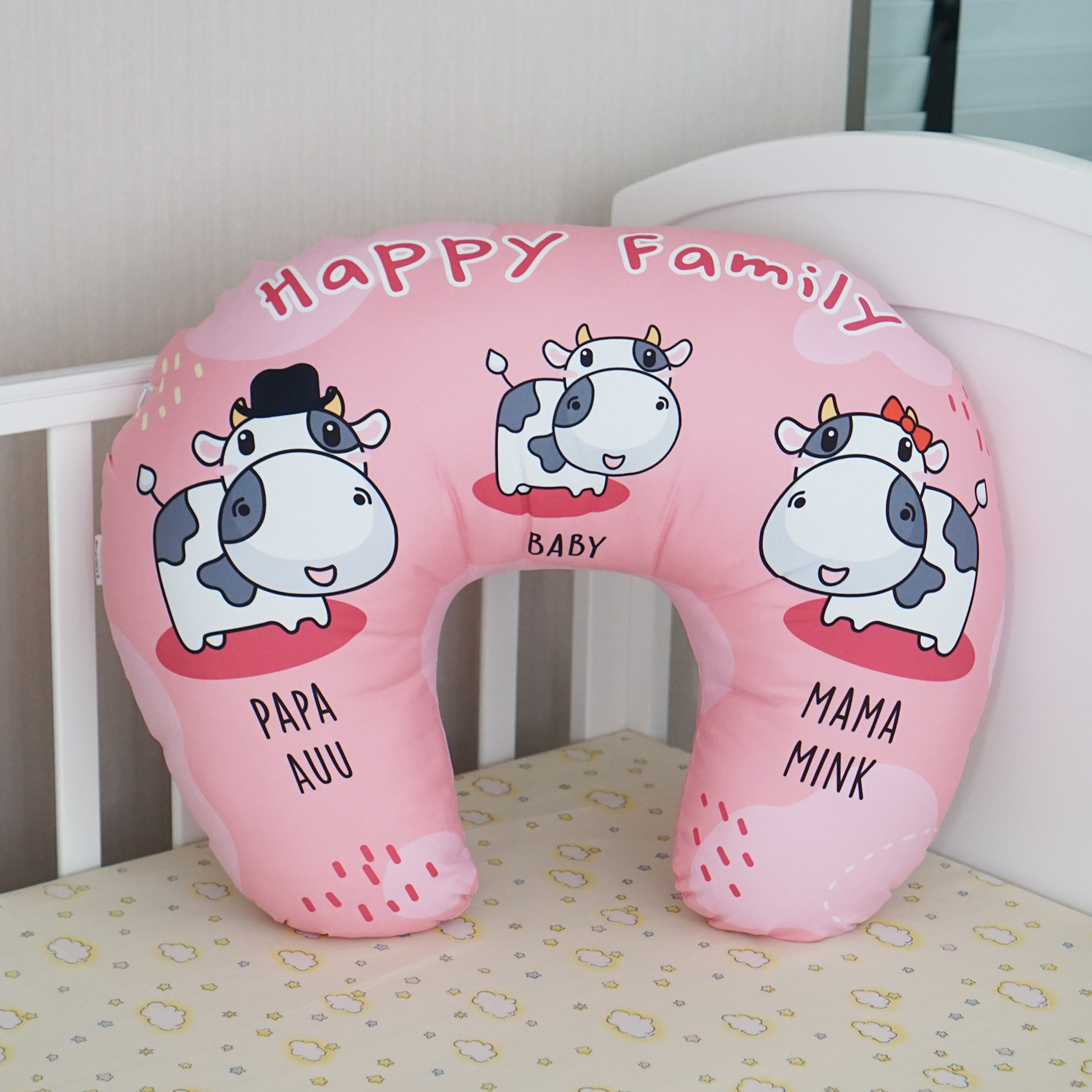 หมอนรองให้นม สั่งทำใส่ชื่อ ลาย Cow1 - Pink