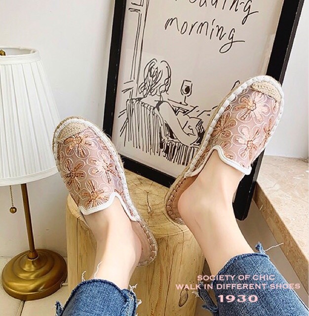 รองเท้าแตะผ้าลูกไม้แต่งเลื่อม (สีชมพู)