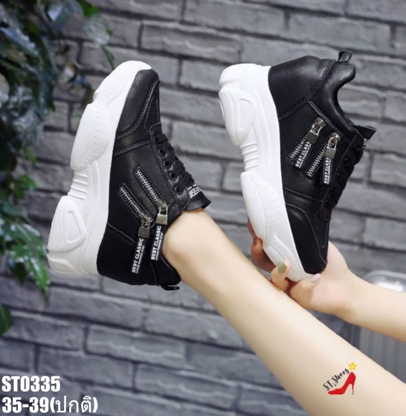 รองเท้าผ้าใบแฟชั่นเสริมส้นแต่งซิปข้าง (สีดำ)