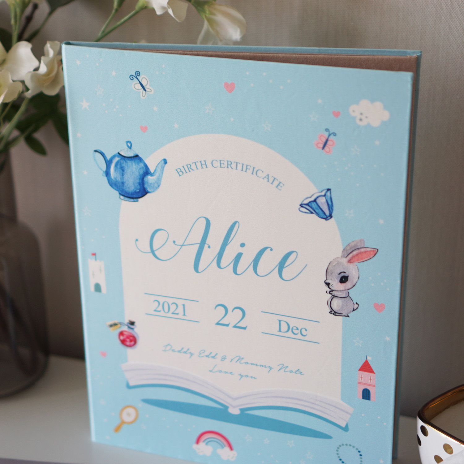 แฟ้มทะเบียนสมรส/สูติบัตร สั่งทำใส่ข้อความ ลาย Wonderland 2 - Blue
