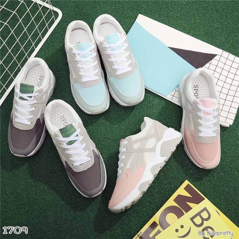 รองเท้าผ้าใบทรง Sport แต่งสีพาสเทล (สีชมพู)