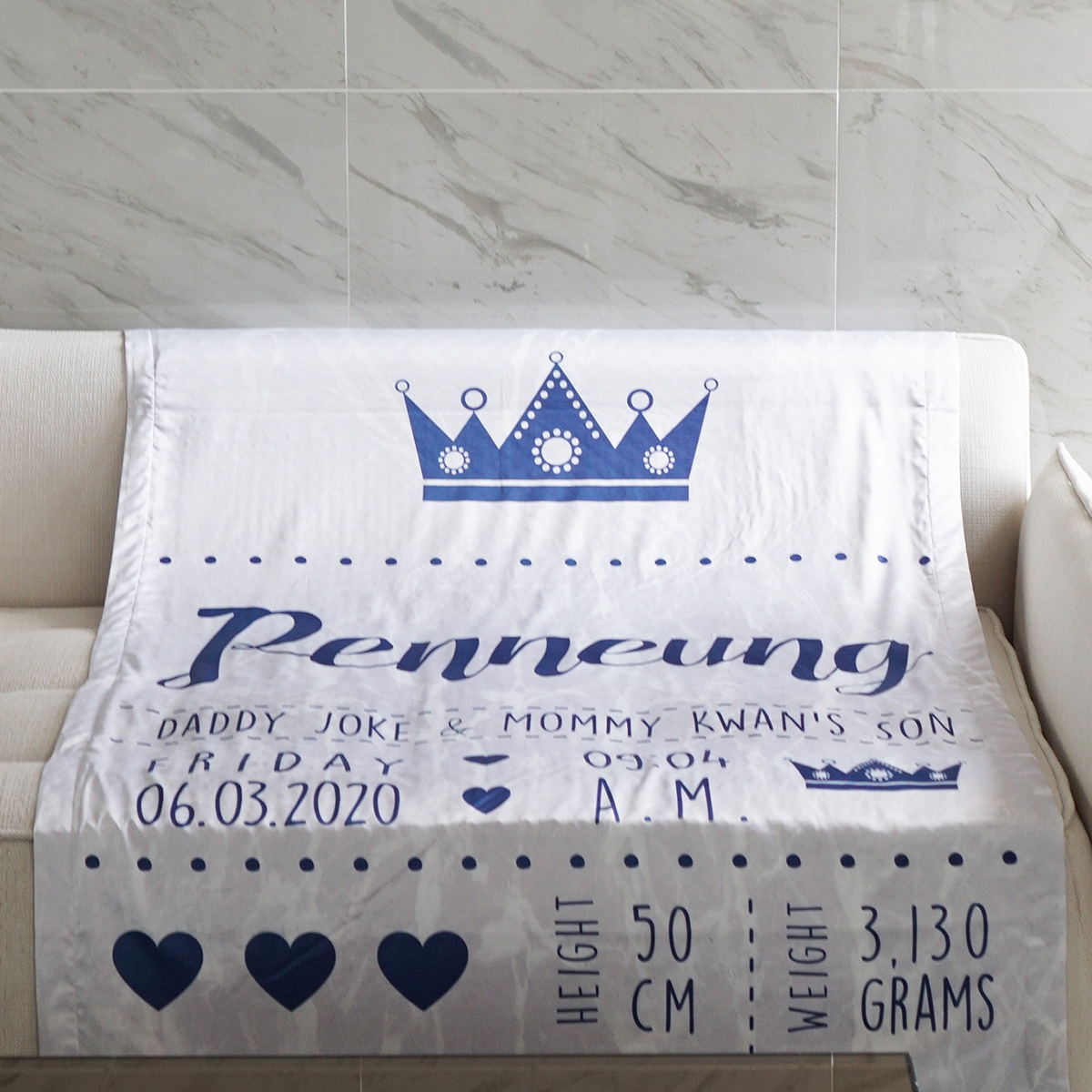 ผ้าห่ม ใส่ประวัติแรกเกิด ลายหินอ่อนสีเทา - Navy