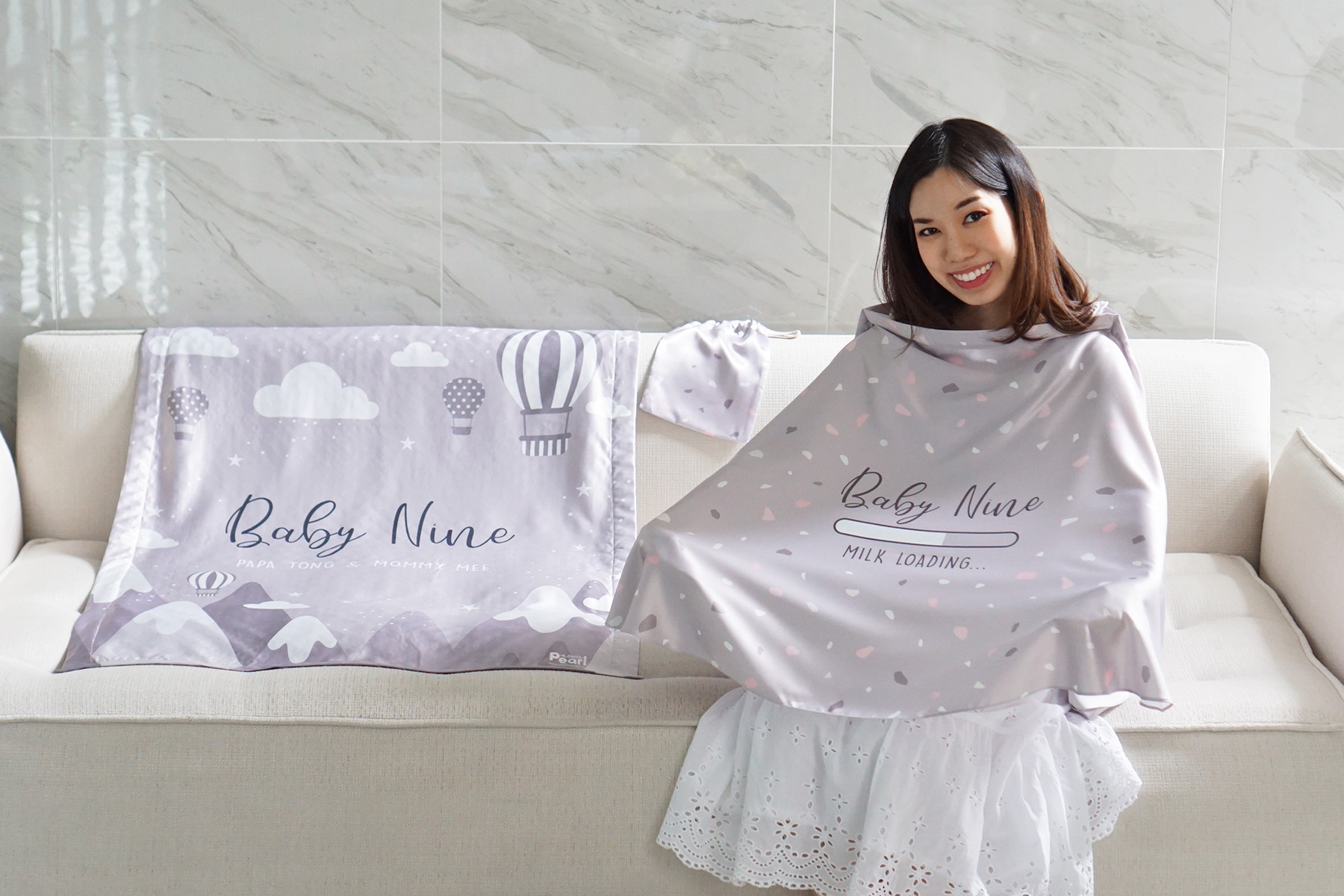 ชุดของขวัญเด็กแรกเกิด ผ้าคลุมให้นม + ผ้าห่มขนาด 75x100cm ลาย Terazzo + Mountain - Grey