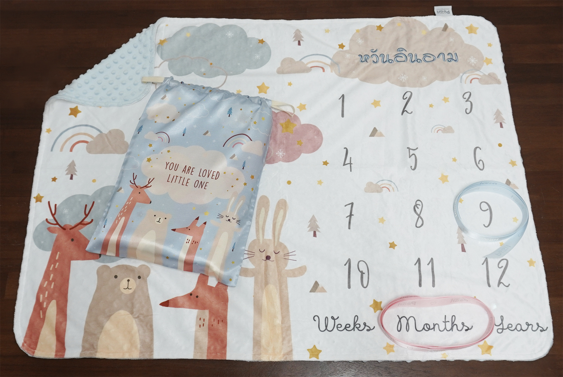 ผ้าห่ม Minky ลาย Woodland - Milestone 75x100cm แบบปักชื่อ ด้านหลังสีฟ้า