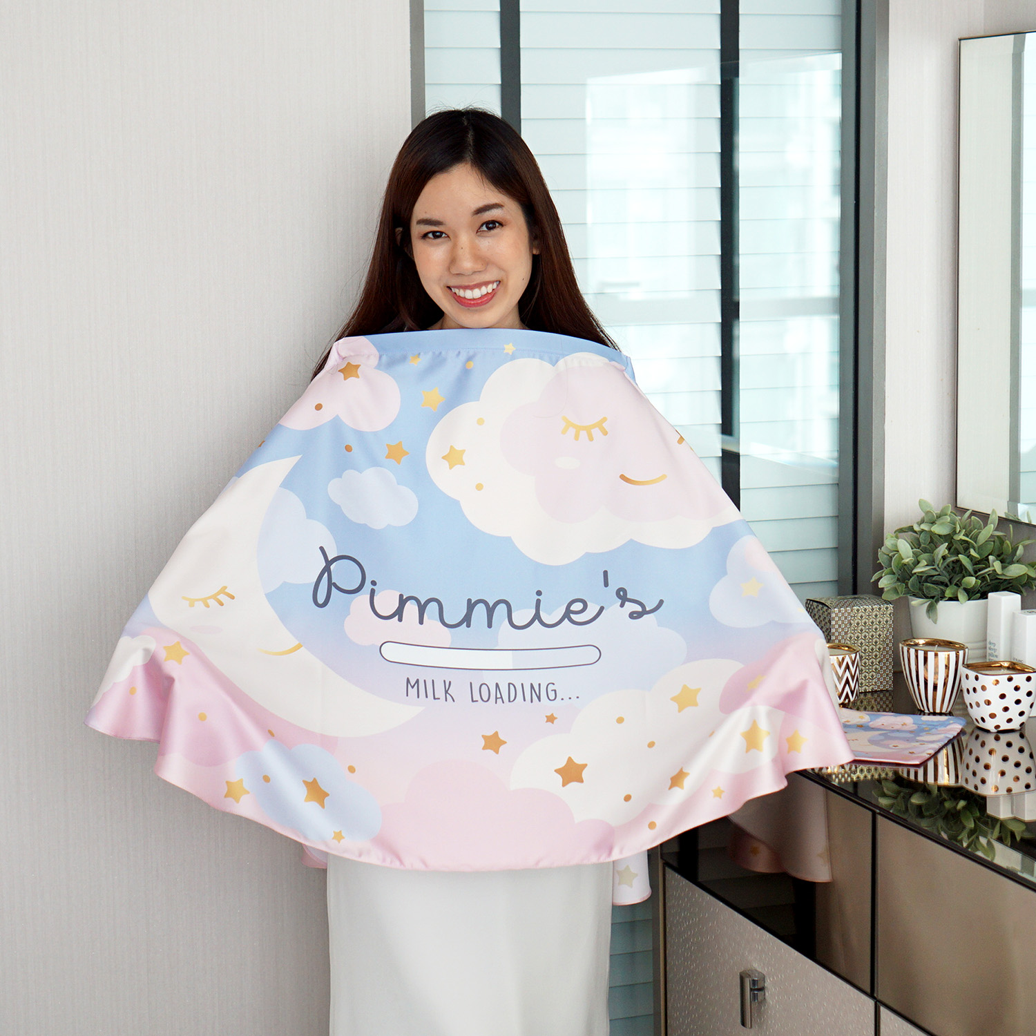 ผ้าคลุมให้นม สั่งทำใส่ชือ ลาย Moon - Blue Pink