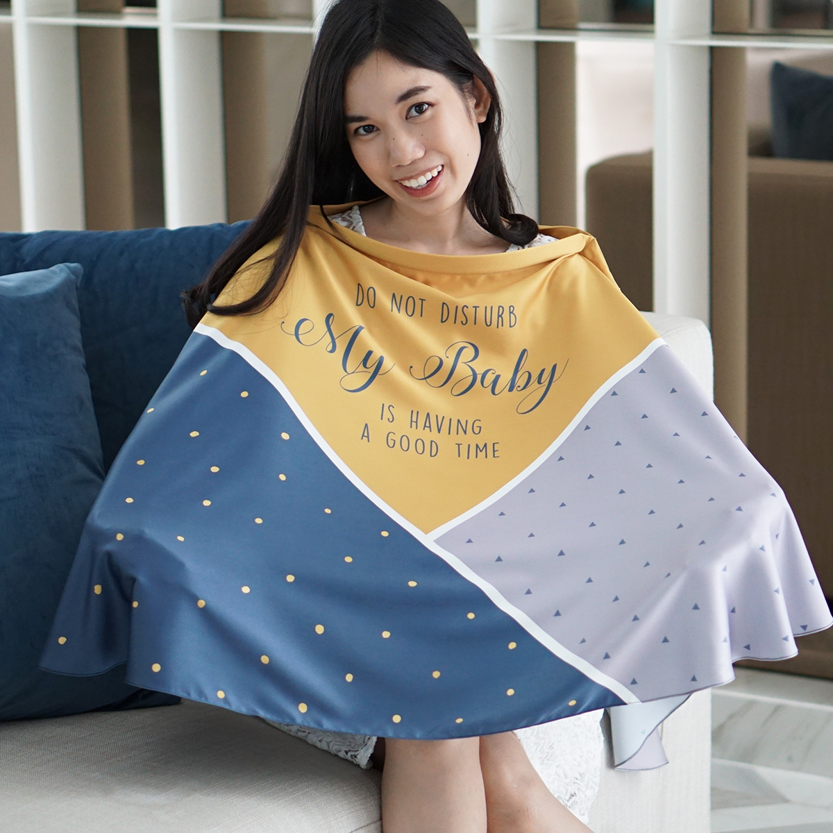 ผ้าคลุมให้นม สั่งทำใส่ชือ ลาย Triangle - Mustard/Grey/Navy