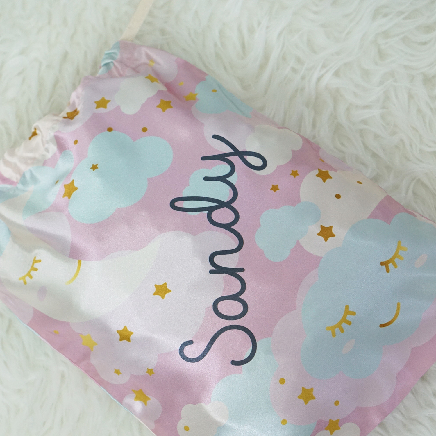 ถุงผ้าซาติน ไซส์ L สั่งทำใส่ชื่อ - Moon - Pink