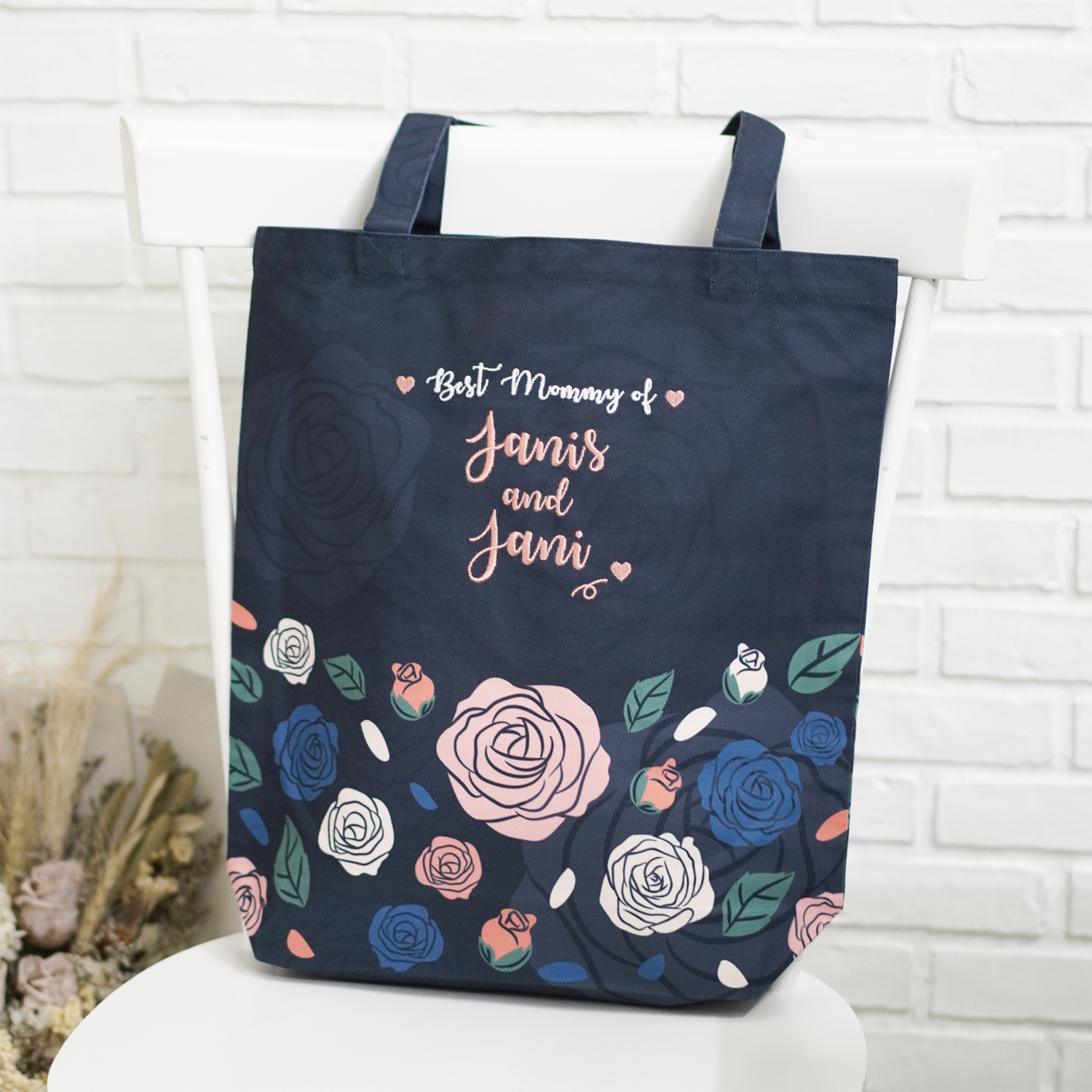 กระเป๋าผ้าแคนวาส ปักชื่อ ลาย Rose - Navy