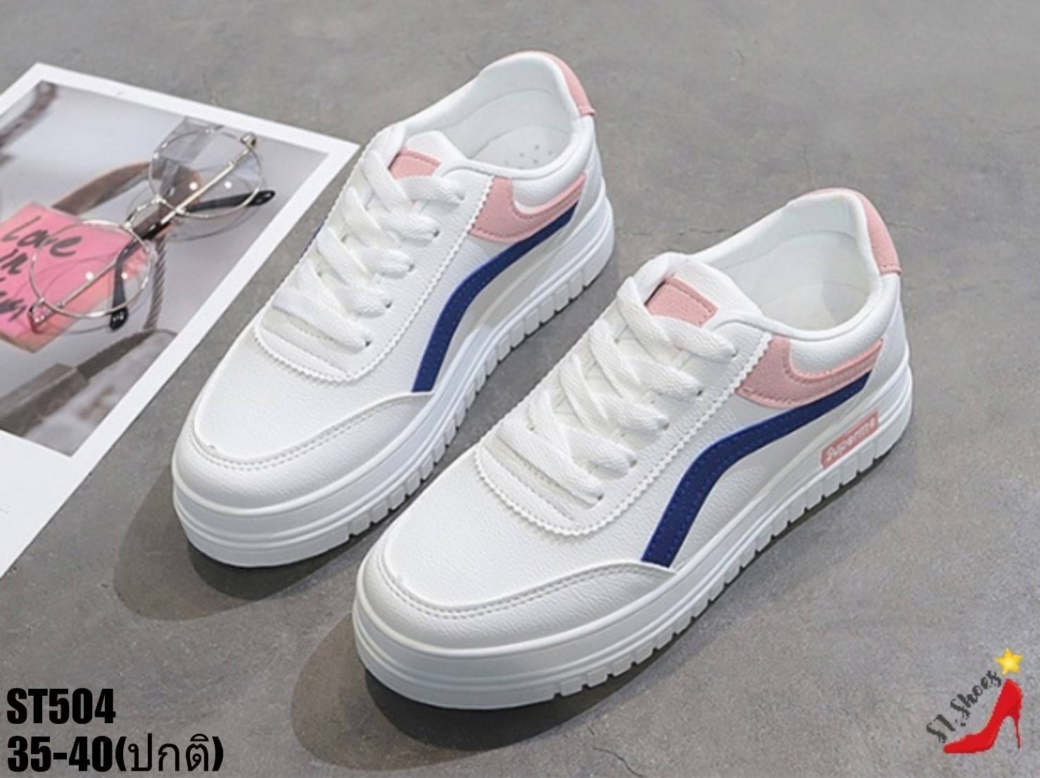 รองเท้าผ้าใบแฟชั่นแต่งแถบสีพาสเทล (น้ำเงิน)